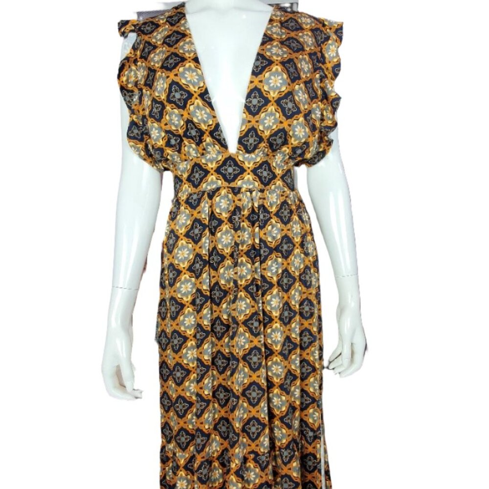 Women's Mustard/Navy Blue Floral Midi Dress